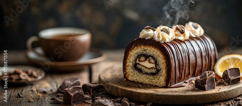 Chocolate Swiss Roll With English Tea On Wood Background photo