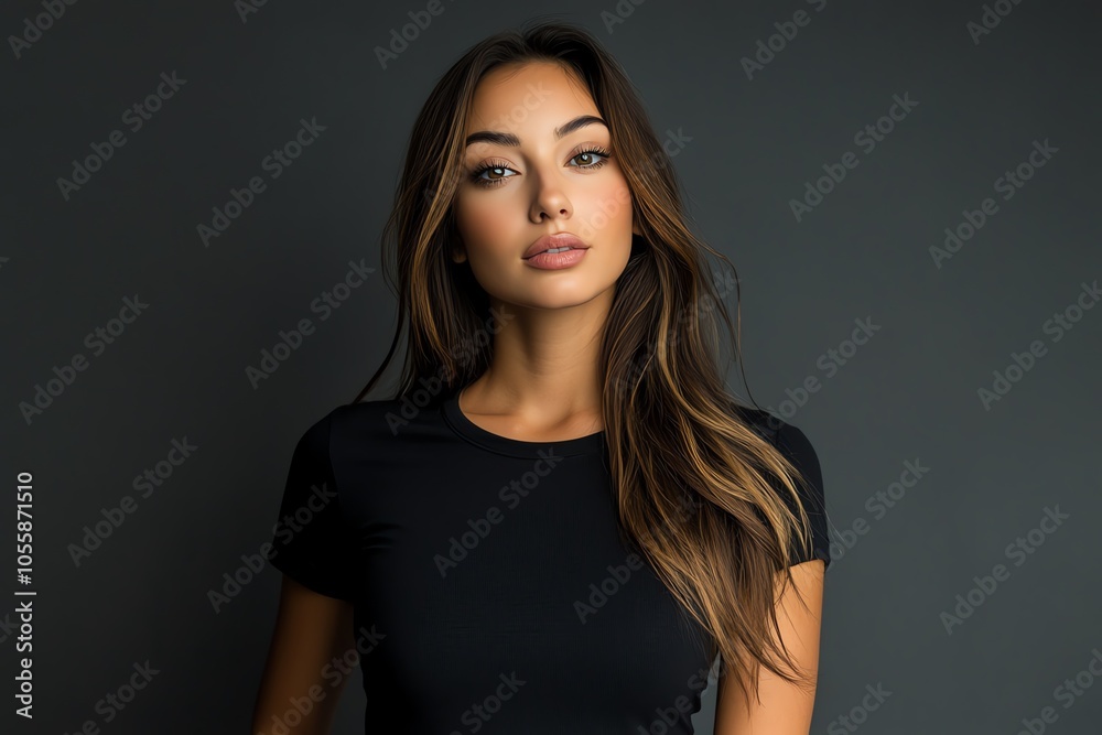 A beautiful woman in a fitted black T-shirt strikes a confident pose under studio lighting, with a plain beige backdrop.