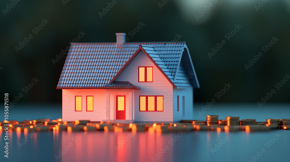 A charming miniature house model with illuminated windows, set against a softly lit background, conveying warmth and a sense of home. A charming miniature house model with illuminated windows, set against a softly lit background, conveying warmth and a sense of home.