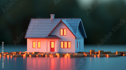 A charming miniature house model with illuminated windows, set against a softly lit background, conveying warmth and a sense of home.