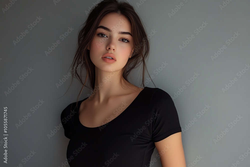Fototapeta premium A beautiful woman in a fitted black T-shirt strikes a confident pose under studio lighting, with a plain beige backdrop.