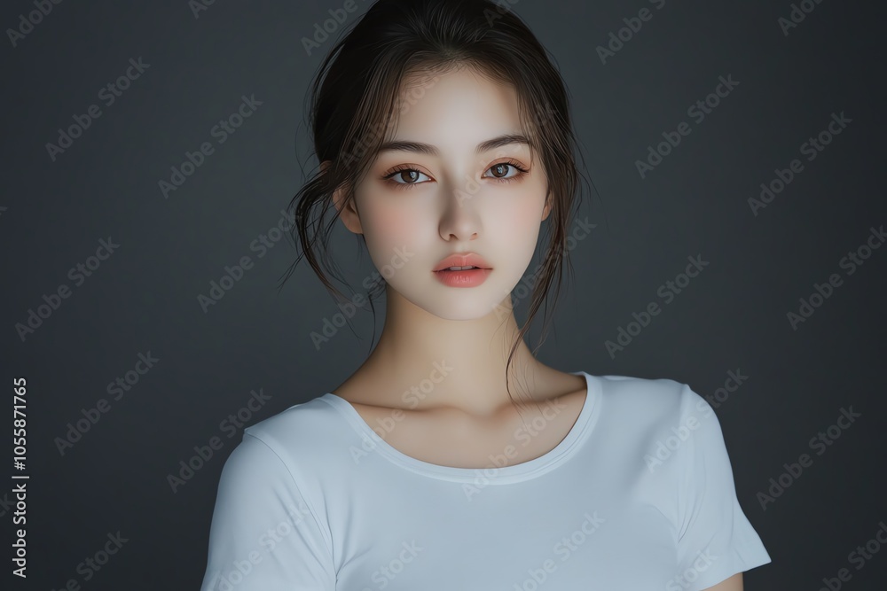 A beautiful woman in a white T-shirt poses under soft studio lighting, with a smooth gray background. A beautiful woman in a white T-shirt poses under soft studio lighting, with a smooth gray background.