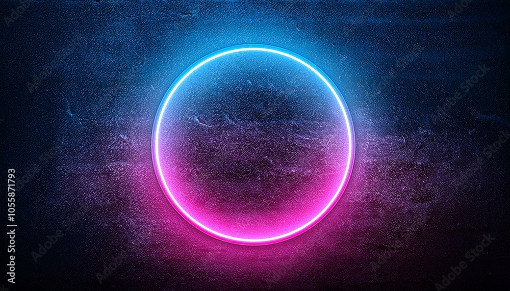 Neon circle with pink and blue glow on dark textured background.