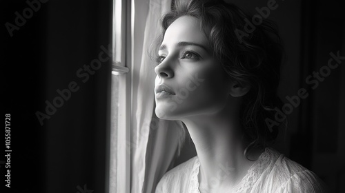 White Woman looking through the window Thoughtful woman at home 