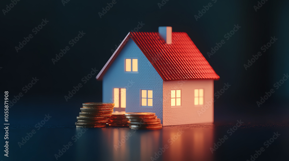 A colorful miniature house model with glowing lights and stacks of coins, symbolizing real estate investment and financial growth in a dark setting. A colorful miniature house model with glowing lights and stacks of coins, symbolizing real estate investment and financial growth in a dark setting.
