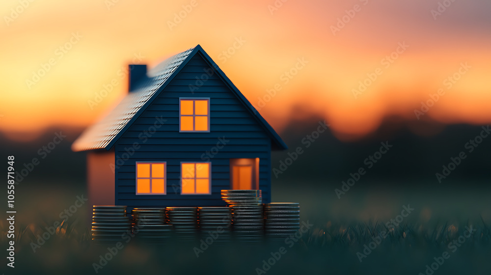 A cozy blue house with glowing windows, set against a beautiful sunset. The background features vibrant colors blending into twilight hues. A cozy blue house with glowing windows, set against a beautiful sunset. The background features vibrant colors blending into twilight hues.
