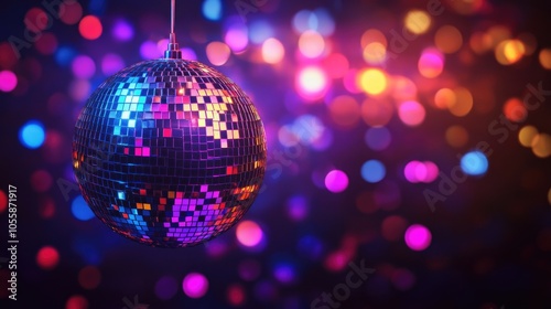 Colorful disco ball emitting vibrant lights for nightlife creating a lively atmosphere ideal for a wallpaper background with space for text