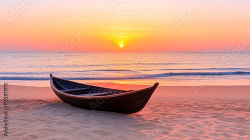 Wooden Boat on Sandy Beach at Sunrise with Calm Ocean