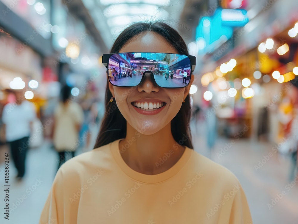 Smart glasses with realtime translation, user in foreign marketplace, techdriven cultural experience Smart glasses with realtime translation, user in foreign marketplace, techdriven cultural experience