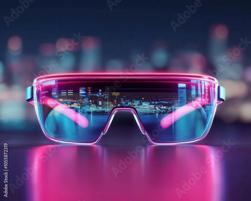 Futuristic smart glasses with holographic display, vibrant city background, creative augmented reality tech
