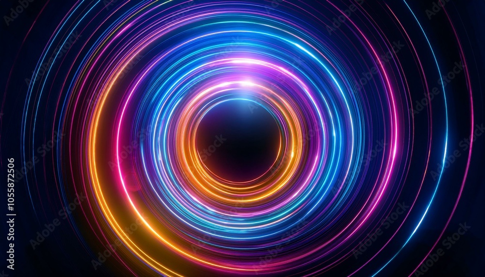 Neon circular light trail with vibrant colors on dark background. Ai generative. Neon circular light trail with vibrant colors on dark background. Ai generative.