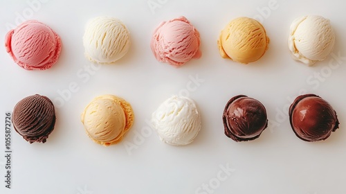 Assorted ice cream scoops displayed on a white backdrop