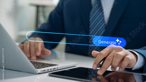 Fotografia Hands typing on a laptop with a highlighted Generate button overlay, symbolizing content creation, AI, or automation technology