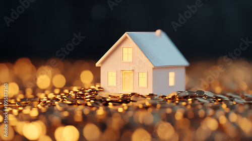 A miniature house on a bed of shimmering golden coins, symbolizing wealth and investment in property.