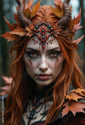 Enchanting Autumn Forest Sorceress with Fiery Red Hair and Horned Crown