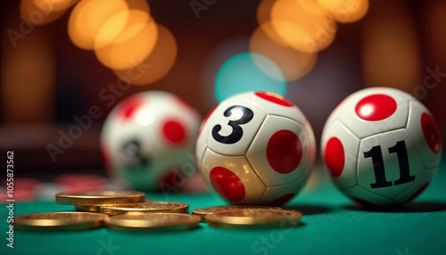 Colorful lottery balls and coins on a green felt surface, with blurred lights in the background