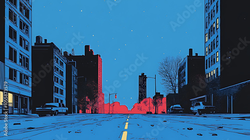 A deserted city street at night with tall buildings and a glowing red light in the distance.