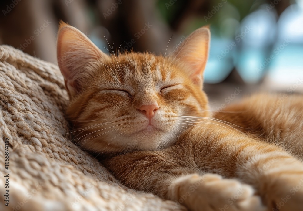 Naklejka premium Portrait of a Happy, Smiling Ginger Cat Sleeping in a Hammock on a Tropical Beach, Vacation Concept 