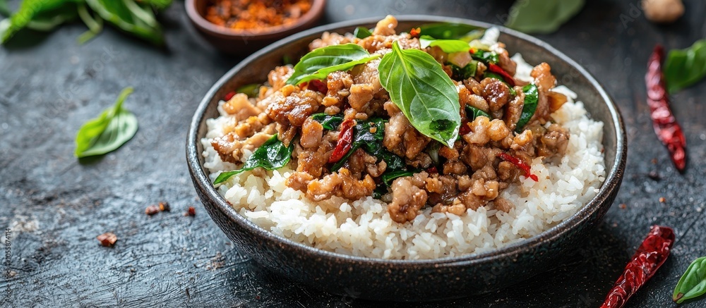 Rice Topped With Stir Fried Pork And Basil Thai Street Food Pound Spices Rice Topped With Stir Fried Pork And Basil Thai Street Food Pound Spices