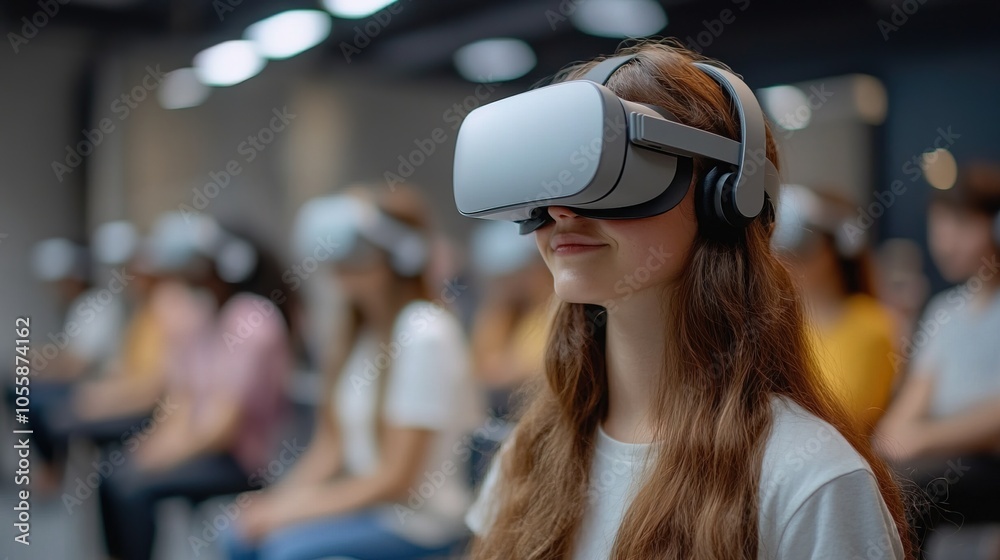 Students engaged in virtual learning with VR headsets in a modern classroom setting Students engaged in virtual learning with VR headsets in a modern classroom setting