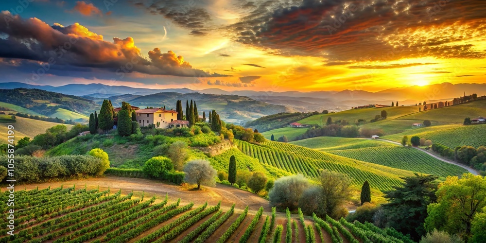 Fototapeta premium Lush Tuscany Landscape in Watercolor - Serene Hills, Vibrant Sunsets, and Rolling Vineyards