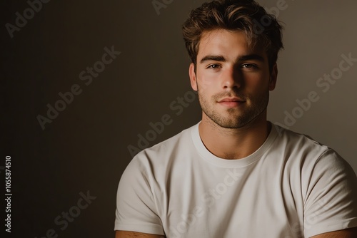 A handsome man in a plain white T-shirt is bathed in vibrant studio lighting, with a clean gray background.