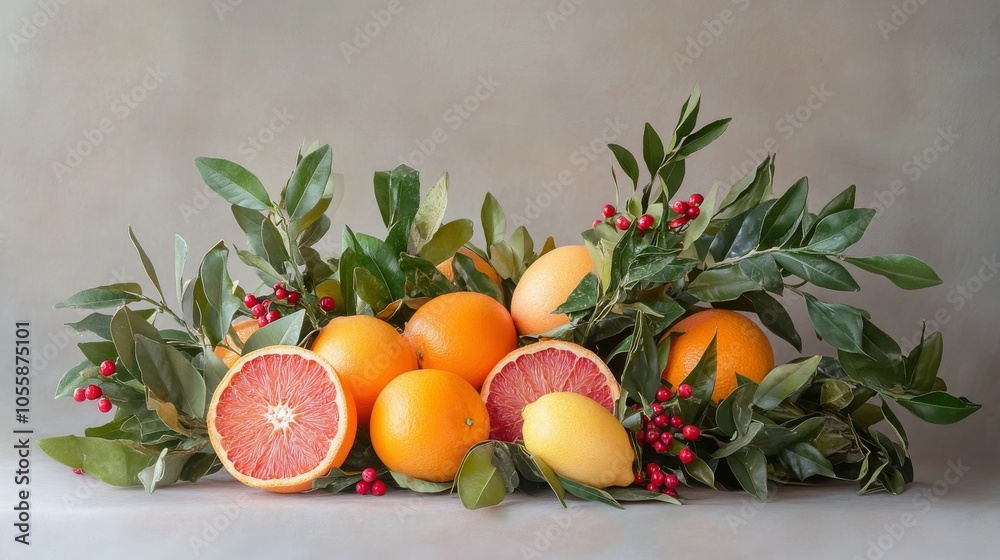 Fresh oranges, grapefruit, and lemons with green leaves, perfect for natural food products, wellness, or organic market branding Fresh oranges, grapefruit, and lemons with green leaves, perfect for natural food products, wellness, or organic market branding