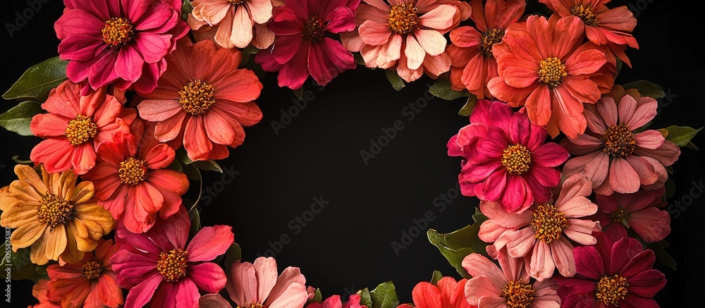 Zinnia Flowers On Wreath With Copy Space Isolated Against Black Background For Mothers Day Or Holiday Sale Banner Zinnia Flowers On Wreath With Copy Space Isolated Against Black Background For Mothers Day Or Holiday Sale Banner