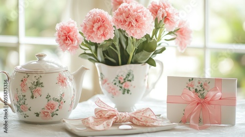 A charming tea set adorned with pink carnations a gift wrapped with a bow and a floral themed greeting card displayed on an elegantly arranged table