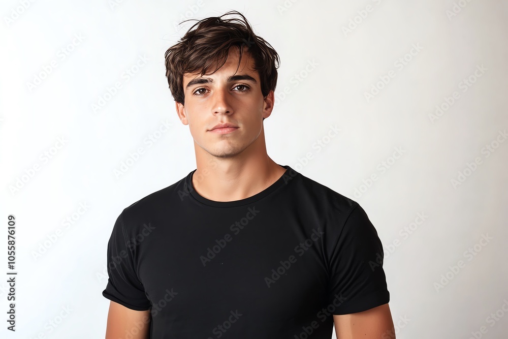A handsome young man in a plain black T-shirt poses confidently under studio lights with a clean white background. A handsome young man in a plain black T-shirt poses confidently under studio lights with a clean white background.