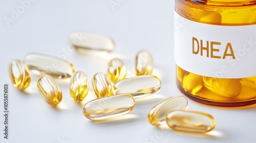 Close-up of yellow DHEA supplement capsules next to amber bottle on white background emphasizing health benefits, wellness, and energy support photo