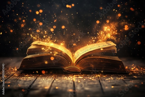 Magical open book with glowing particles on wooden backdrop
