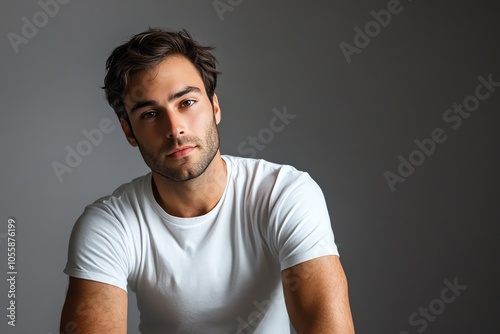 A man in a plain white T-shirt strikes a pose under bright studio lighting, against a solid gray background.