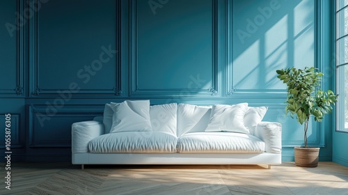 Inviting interior featuring a white sofa blue walls and warm wooden flooring photo