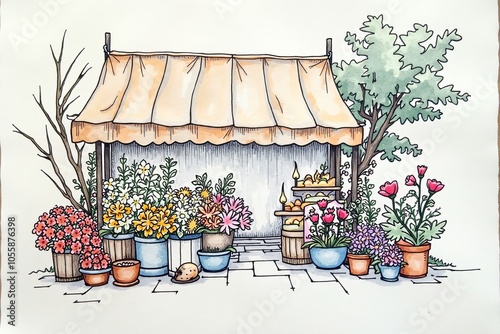 Colorful open-air market stall filled with flowers and decorative pots for artistic scenes