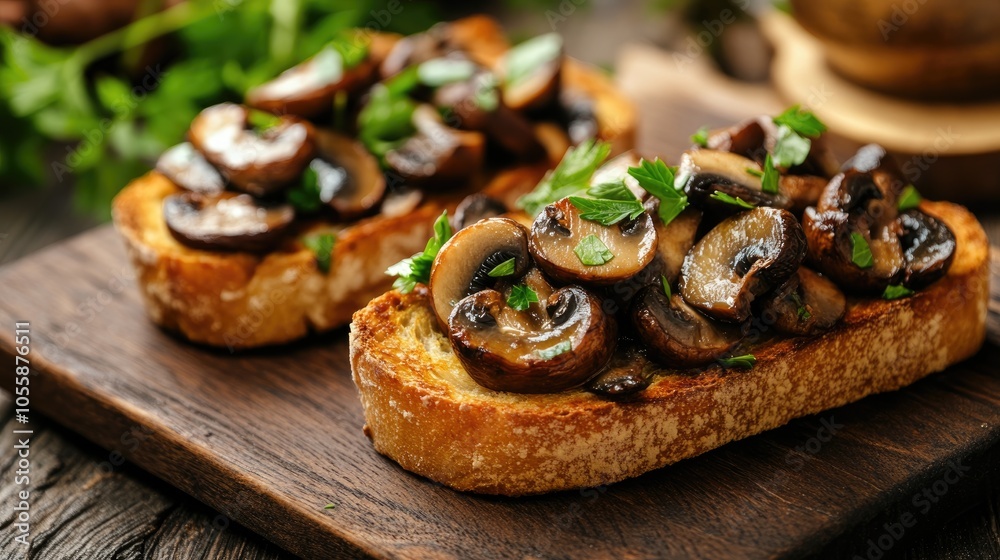 Toasted bread topped with mushrooms and parsley featuring a vibrant food background suitable for a banner Toasted bread topped with mushrooms and parsley featuring a vibrant food background suitable for a banner