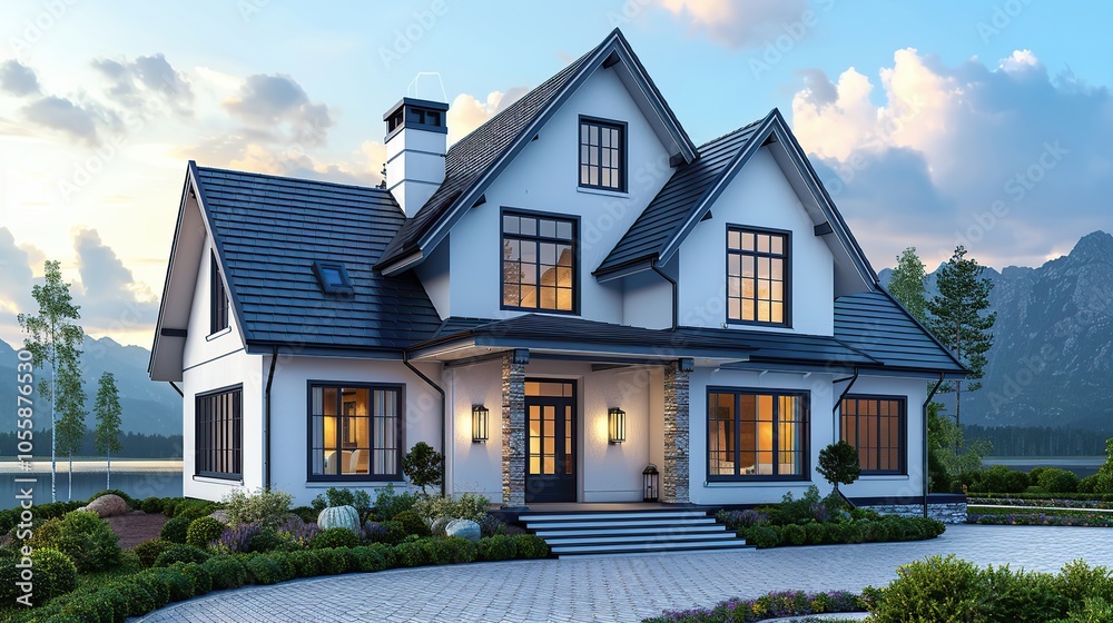 A large, modern, white house with a blue roof and black trim sits on a hill overlooking a lake. The home has a large driveway and a beautiful lawn. A large, modern, white house with a blue roof and black trim sits on a hill overlooking a lake. The home has a large driveway and a beautiful lawn.