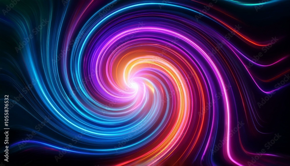 Fototapeta premium Neon light swirl with vibrant colors on dark background, concept of energy and motion, Ai generative.