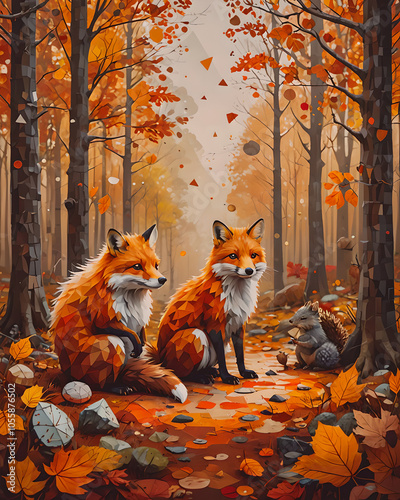 Autumnal Forest Scene with Animals photo