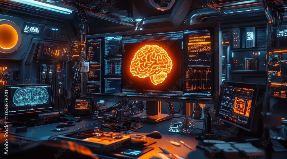 A futuristic lab filled with multiple monitors displaying brain scans and data analysis, showcasing advanced technology in neuroscience and research. A futuristic lab filled with multiple monitors displaying brain scans and data analysis, showcasing advanced technology in neuroscience and research.