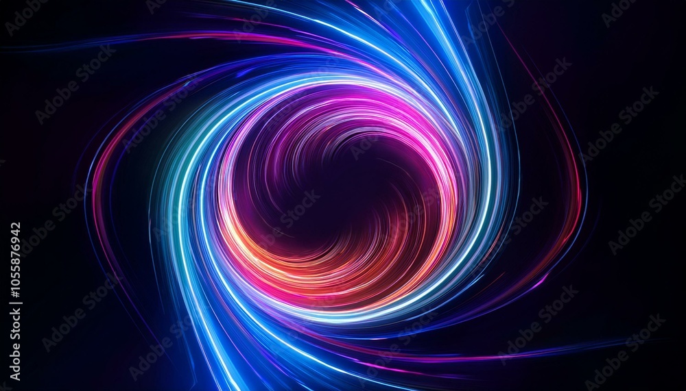 Neon light swirl with vibrant colors on dark background, concept of energy and motion, Ai generative.