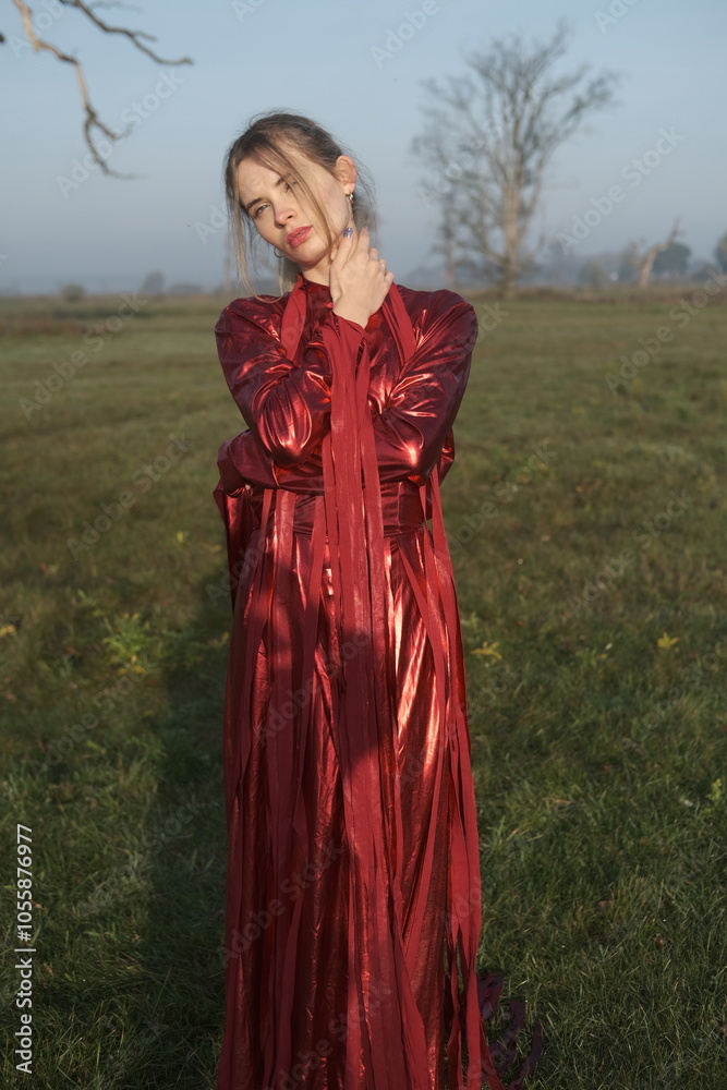 Fashion portarait of a young blonde girl in red strange dress. Autumn nature and tree branches. Sunrise and fog Fashion portarait of a young blonde girl in red strange dress. Autumn nature and tree branches. Sunrise and fog