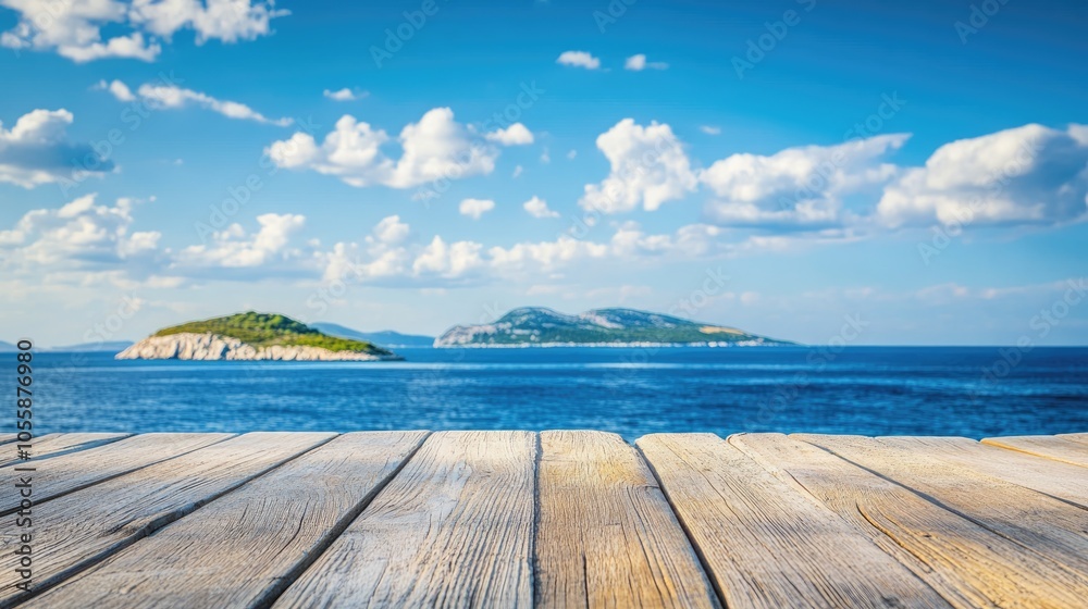 Fototapeta premium Wooden table set against a backdrop of the sea an island and blue sky High quality image