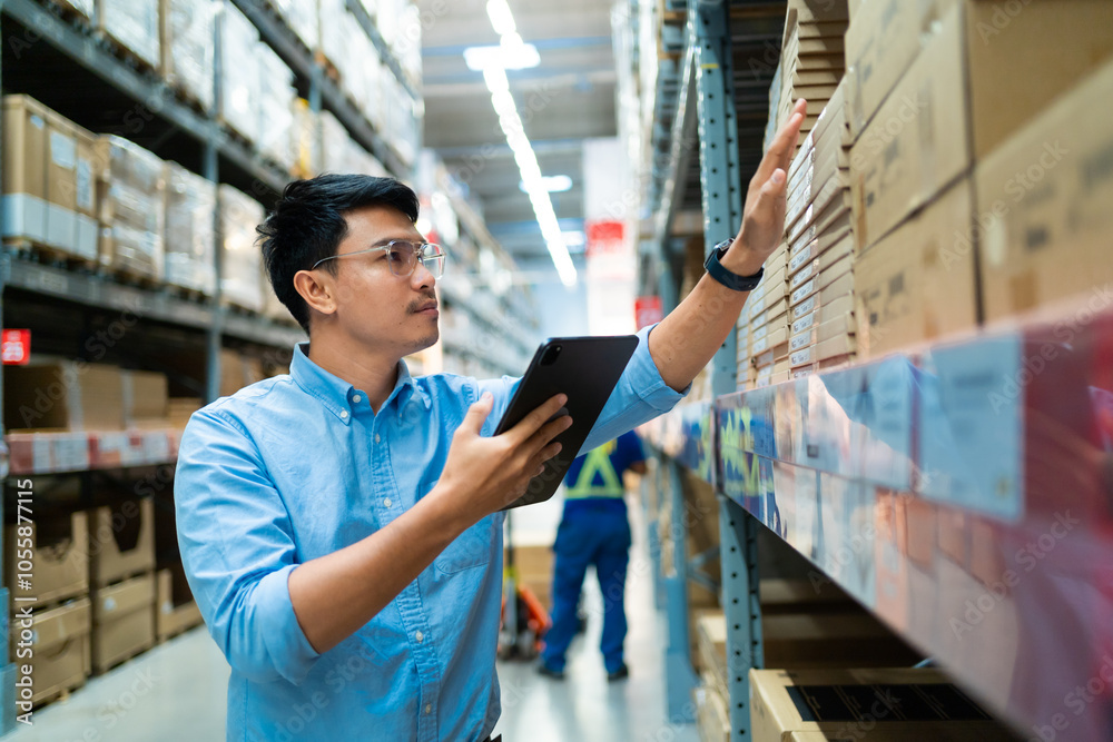 A man in a blue shirt is looking at a tablet while standing in a warehouse. He is checking the inventory of boxes on the shelves A man in a blue shirt is looking at a tablet while standing in a warehouse. He is checking the inventory of boxes on the shelves