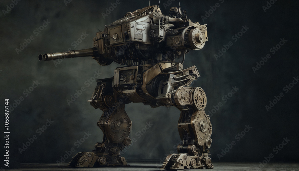 A detailed, industrial robot with a tank-like cannon stands boldly in a dimly lit space, showcasing its complex design and functionality A detailed, industrial robot with a tank-like cannon stands boldly in a dimly lit space, showcasing its complex design and functionality