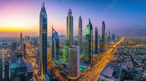 Dubai Skyline with Illuminated Skyscrapers and Traffic at Sunset photo