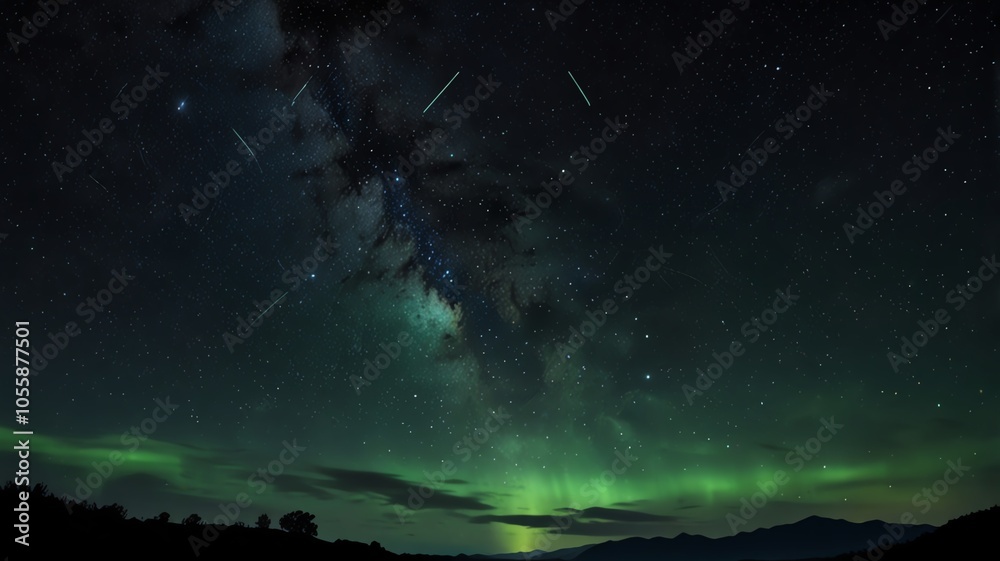 A breathtaking view of the Milky Way galaxy and the Aurora Borealis dancing across the night sky. The stars shimmer brightly, illuminating the dark landscape below. A breathtaking view of the Milky Way galaxy and the Aurora Borealis dancing across the night sky. The stars shimmer brightly, illuminating the dark landscape below.