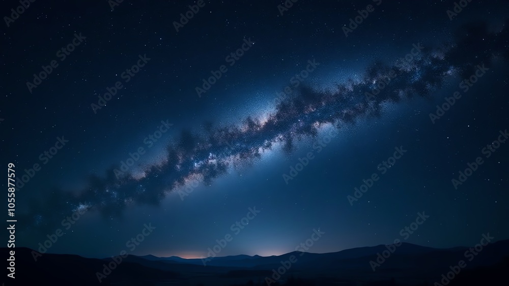 A breathtaking view of the Milky Way galaxy stretching across a dark night sky, with distant mountains silhouetted on the horizon.