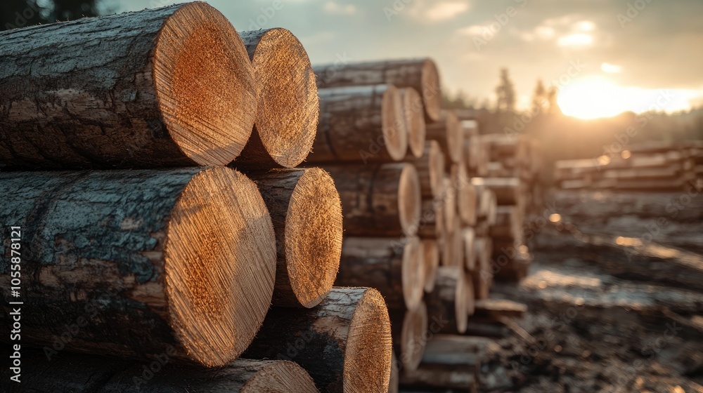 Piled log trunks from the timber industry featuring wooden pine trunks ready for processing Piled log trunks from the timber industry featuring wooden pine trunks ready for processing