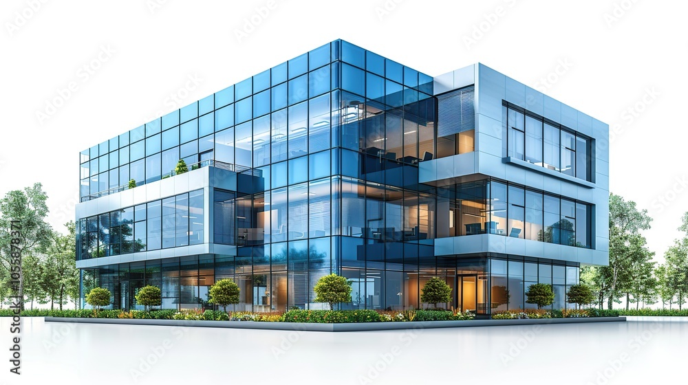 Modern glass office building with trees in front isolated on white background. Modern glass office building with trees in front isolated on white background.
